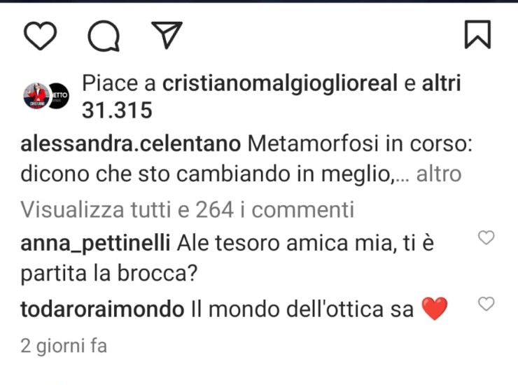 Il commento di Anna Pettinelli al post di Alessandra Celentano.