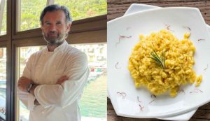 Carlo Cracco e un piatto di risotto alla milanese collage